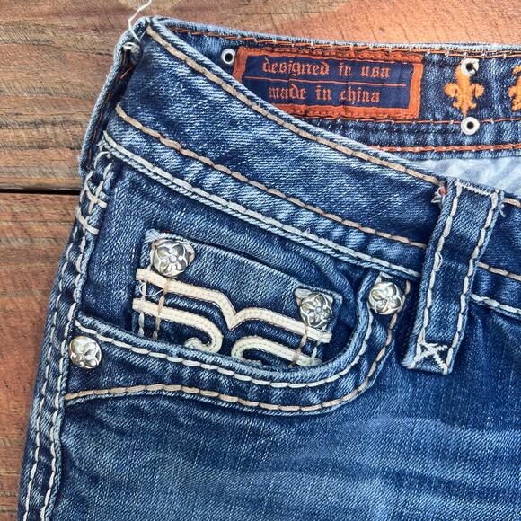 Vintage Y2K Rock Revival Penny Bootcut Jeans 28 | Rhinestone Distressed Denim - Picture 6 of 16
